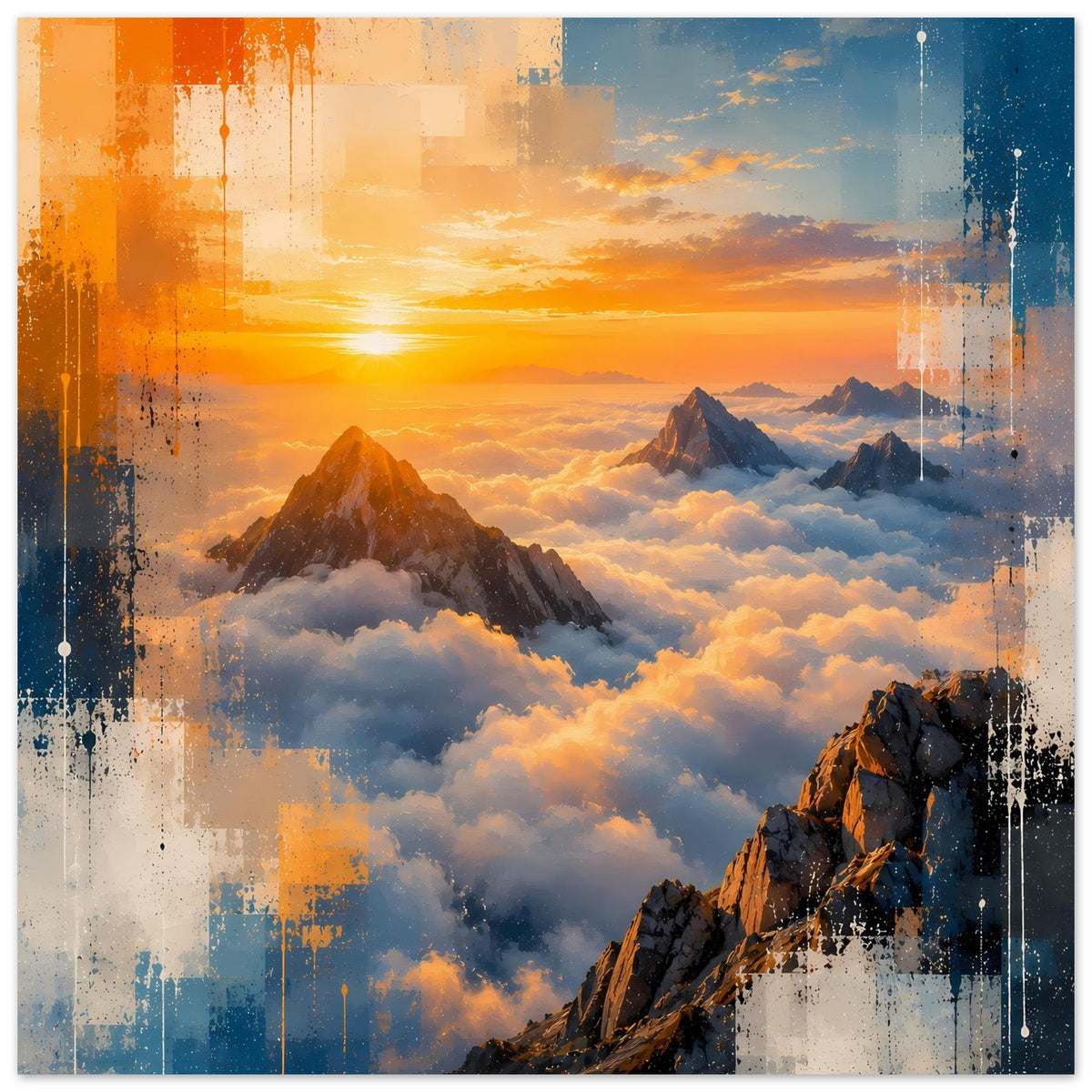 Poster mit Bergkette und Sonnenuntergang, Wolkenhimmel mit orangefarbenem Licht