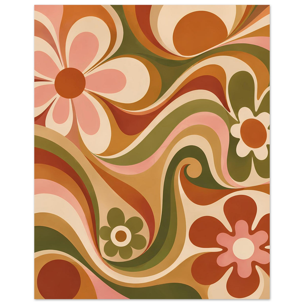 Rechteckiges Poster mit retro Blumenwirbeln in Olivgrün, Orange und Creme, mit Rahmen.