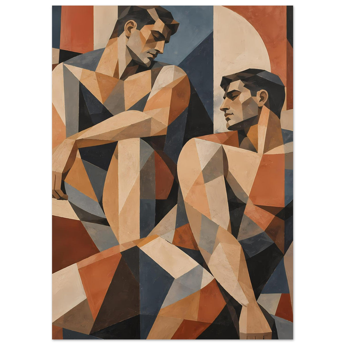 Geometrisches Kunstposter mit zwei Figuren in warmen Erdtönen, Hochformat