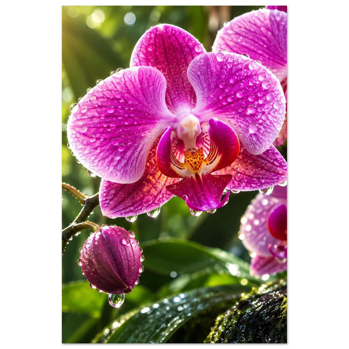 Poster mit lila Orchideenblüten und glitzernden Wassertropfen auf Blättern