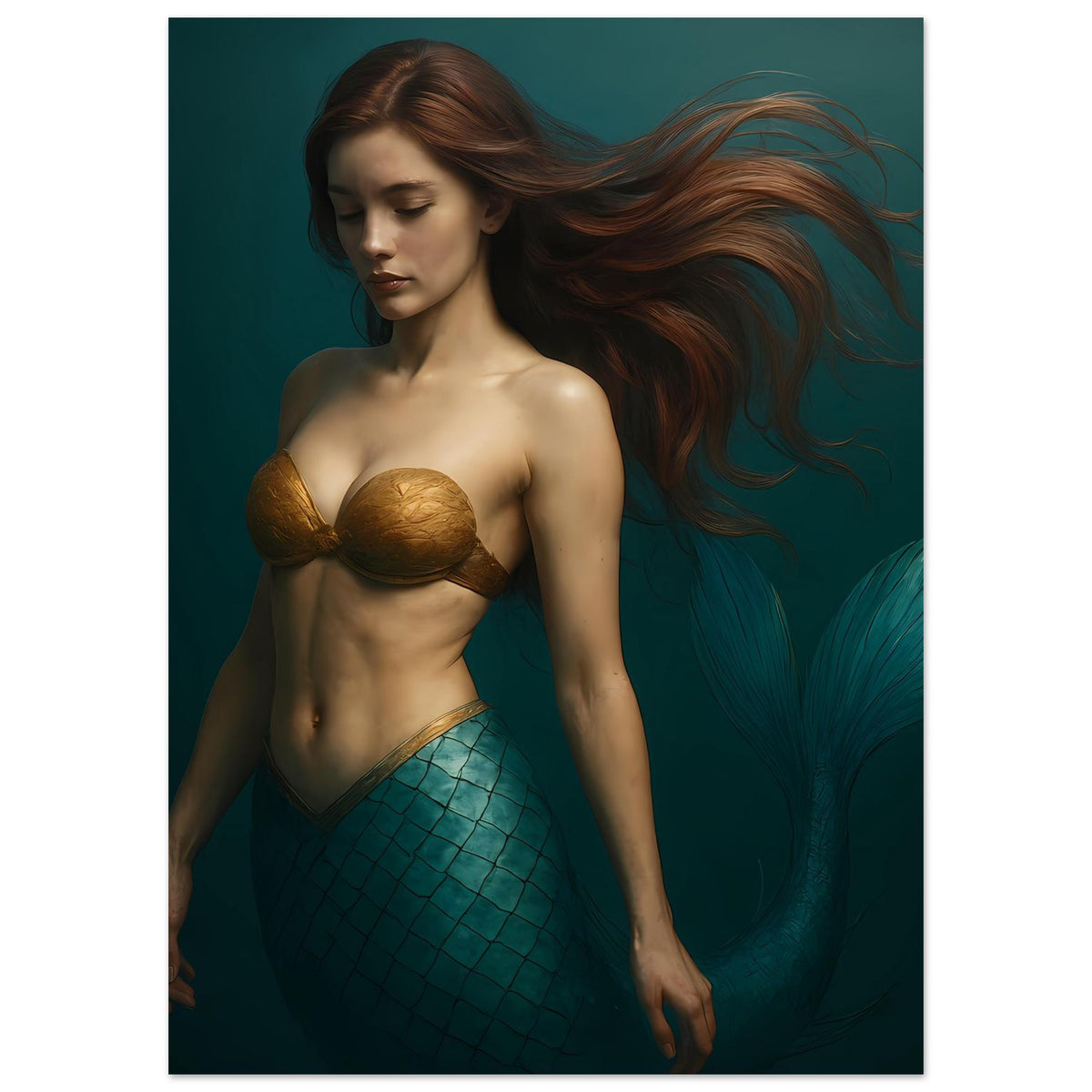 Meerjungfrauen-Kunstposter: Ganzansicht mit goldenem Bustier und blau-grünem Schuppenschwanz
