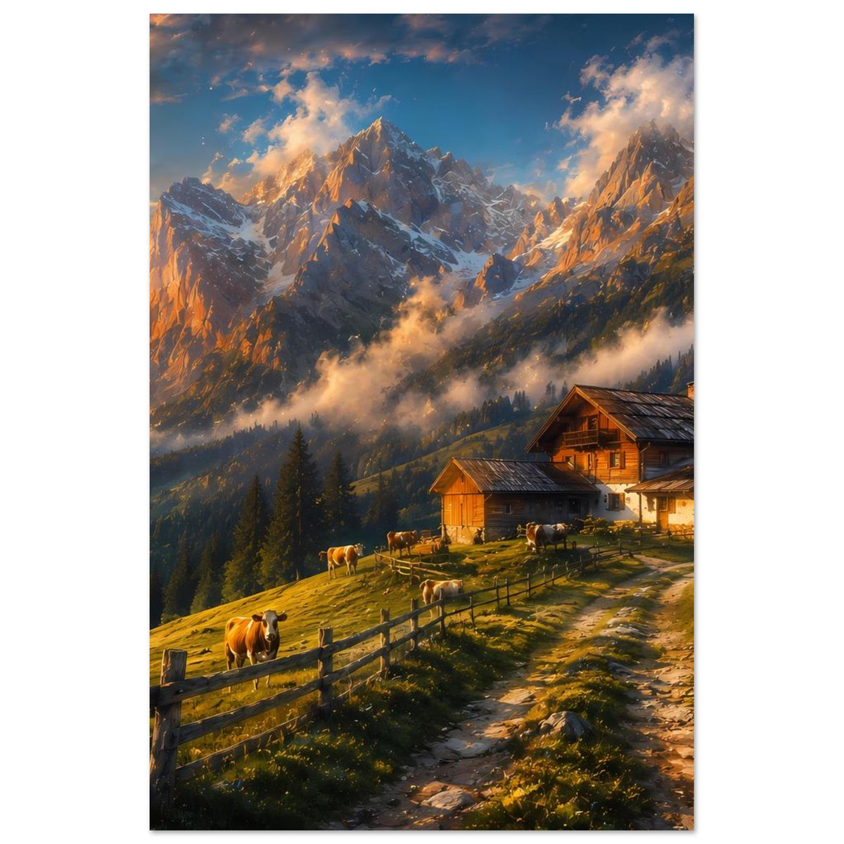 Poster mit Almhütte und Kühen auf der Wiese, im Hintergrund Alpen mit Gipfeln