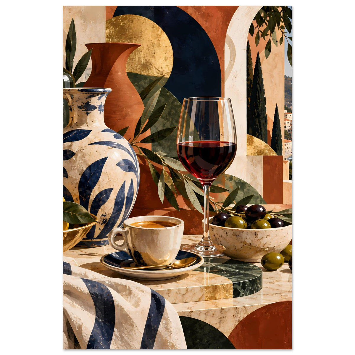 Poster im Hochformat mit Stillleben: Vase, Weinglas, Tasse und Schüssel mit Oliven