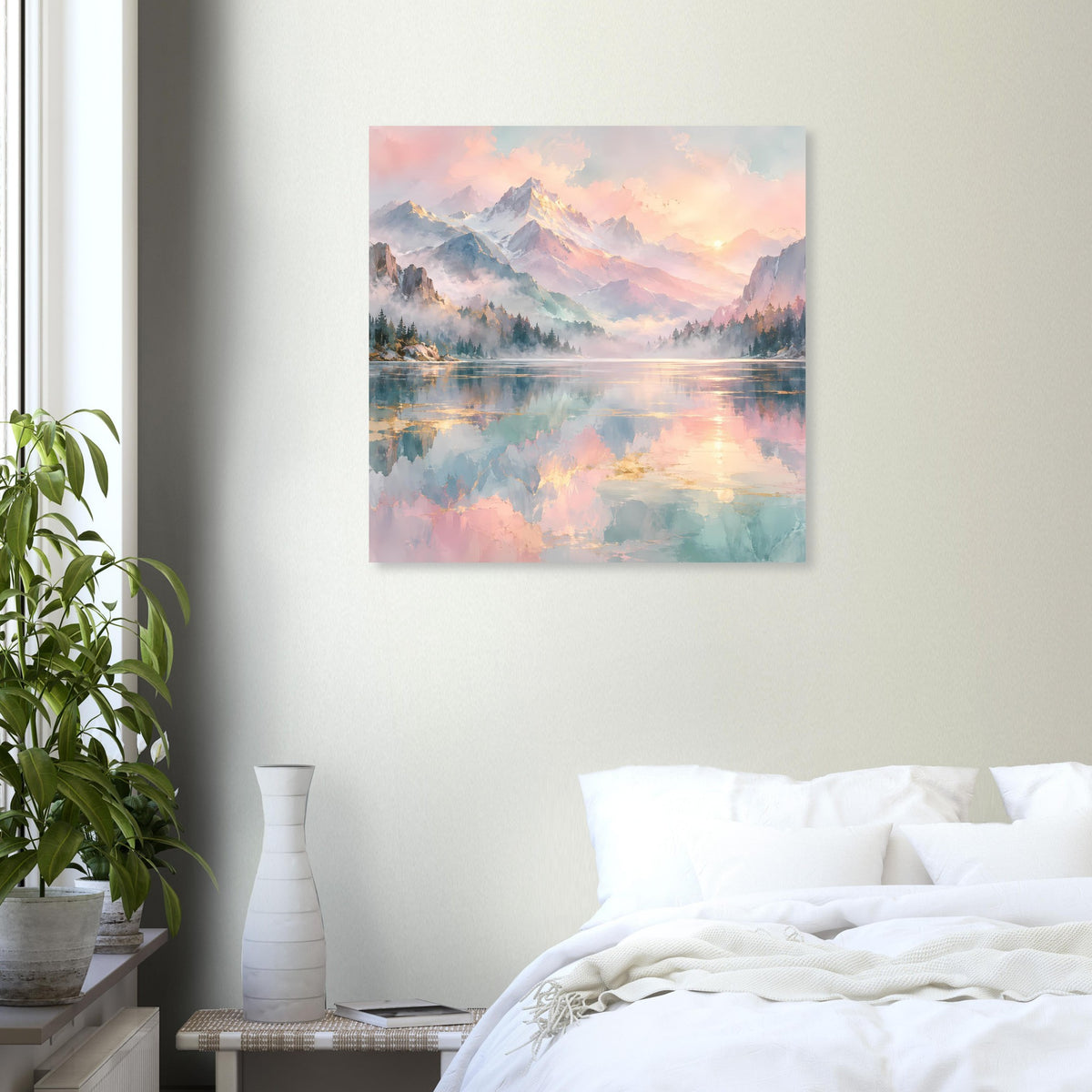Pastellfarbenes Bergsee-Poster mit Bergkette, See-Reflexion und Abendsonne