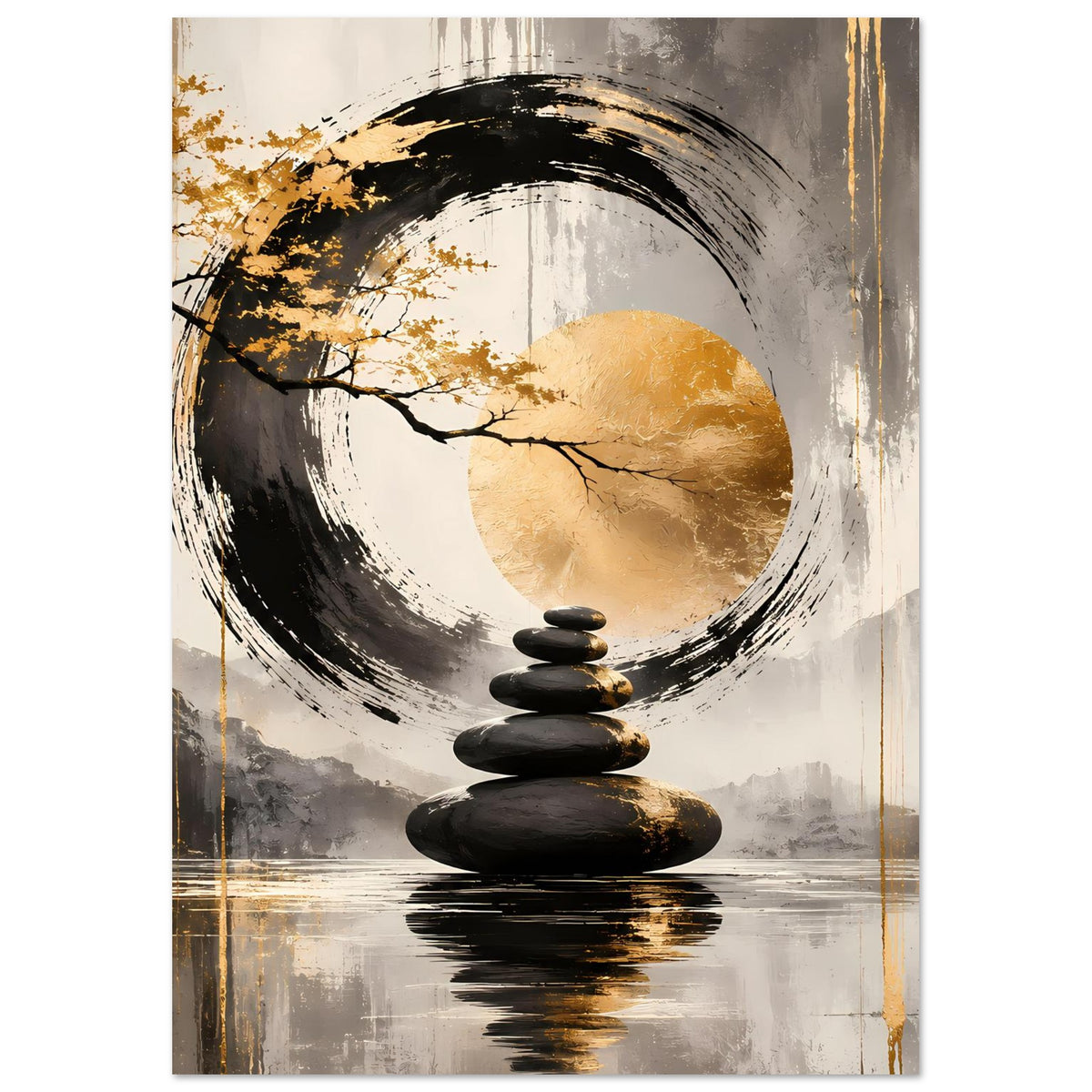 Zen-Art Poster, hochkant: goldener Halbkreis, schwarzer Pinselring und Steinstapel