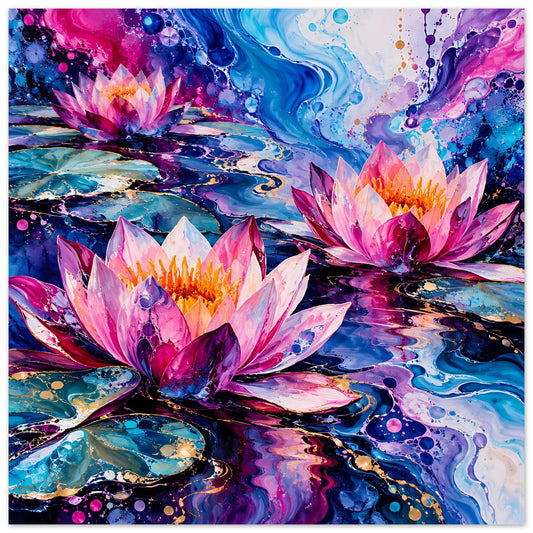 Blumenposter mit abstrakten Seerosen in Pink, Blau und Violett