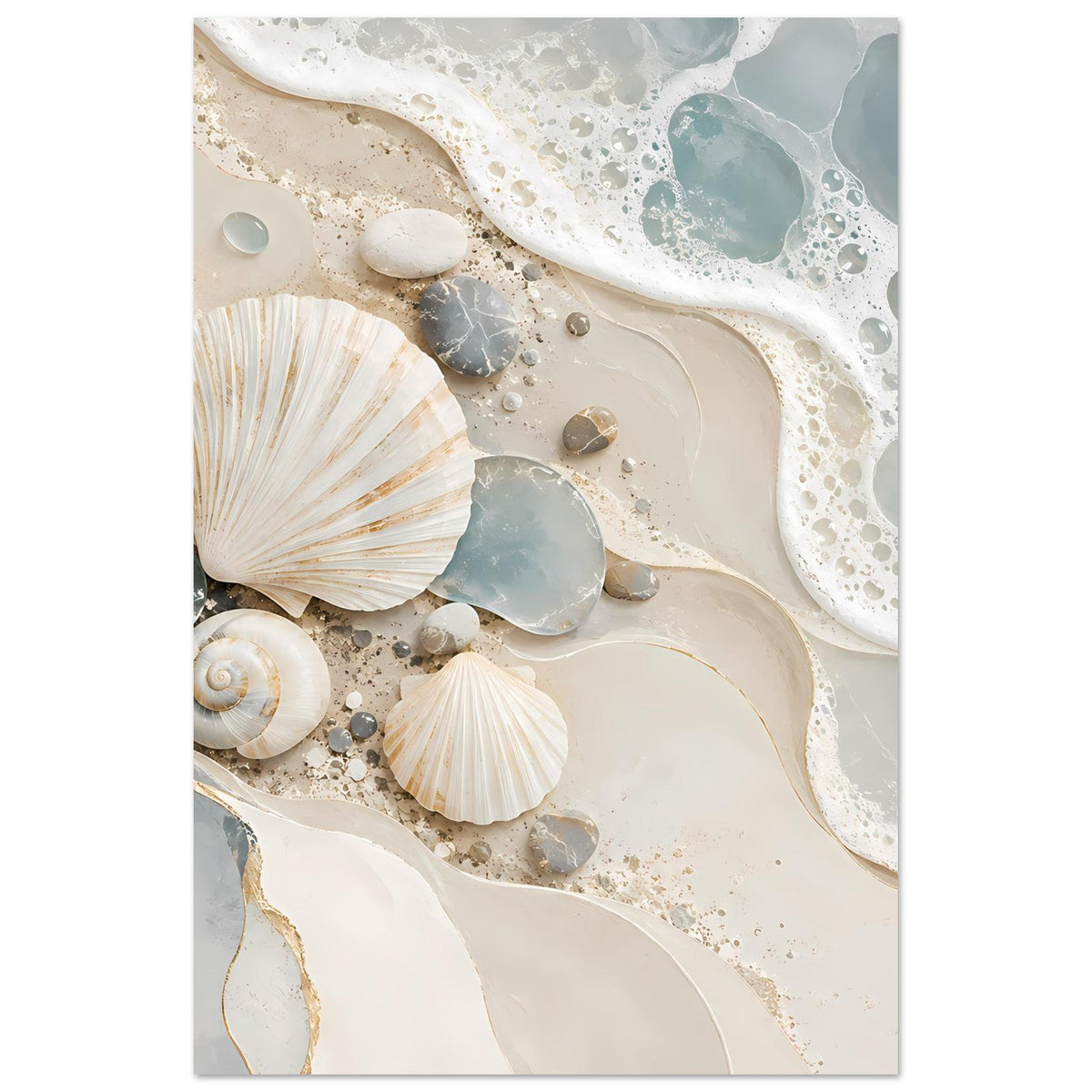 Hochformat-Seeposter mit großen Muscheln und hellblauem Wasser, cremefarbene Schaumränder