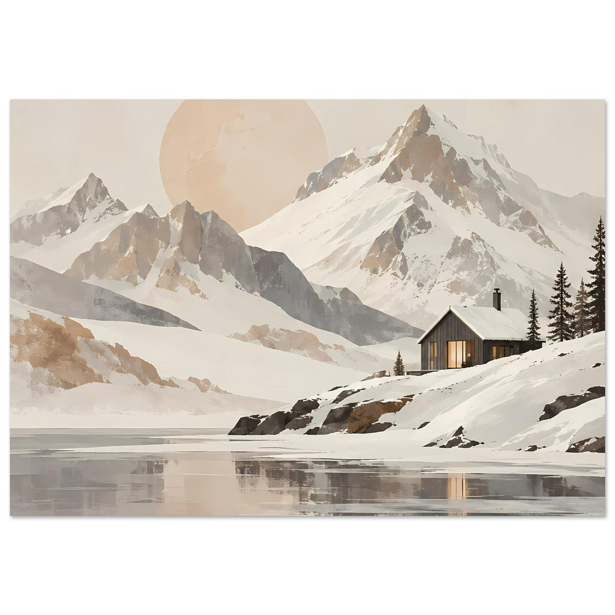 Querformat-Poster mit Bergpanorama, Schnee, reflektiertem See und Hütte mit beleuchtetem Eingang