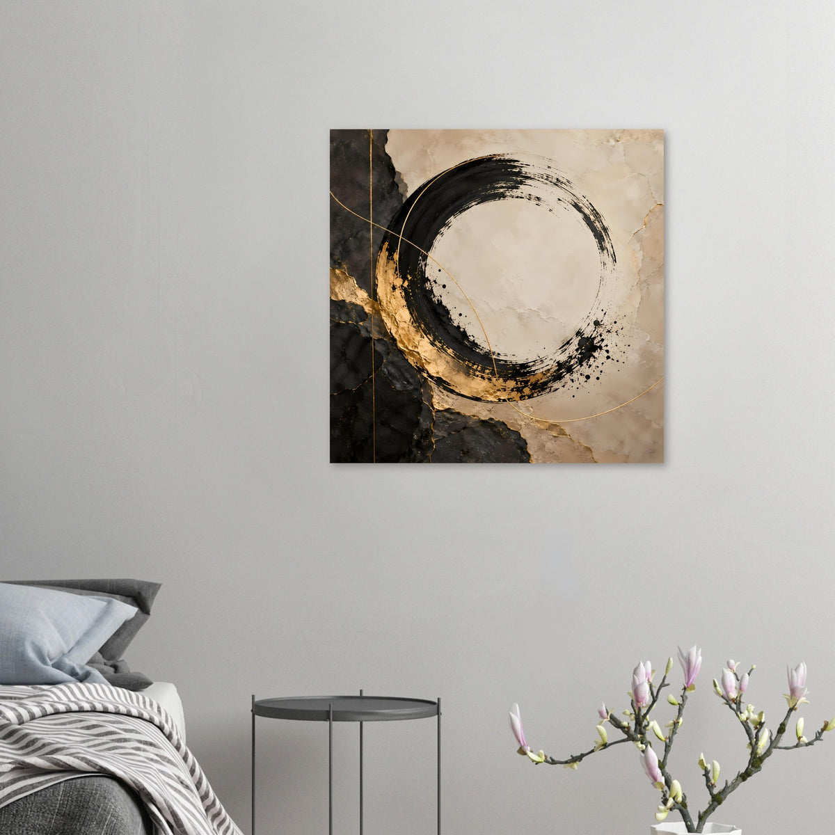 Kleines Kunstposter mit Kreisring in Schwarz, Beige und goldenen Akzenten