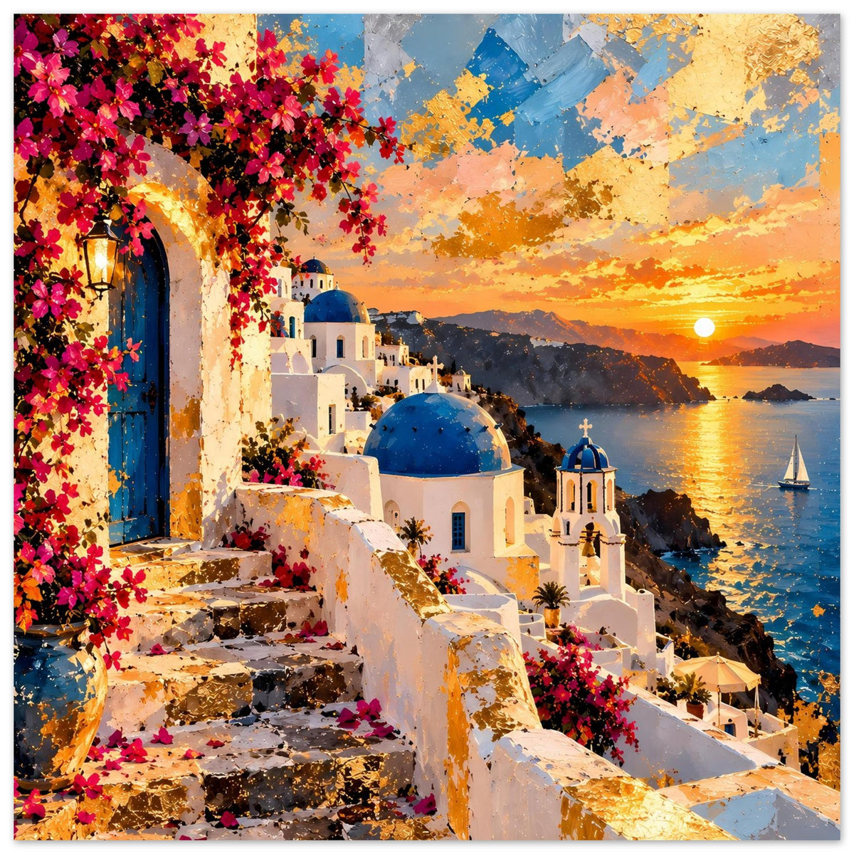 Poster: Sonne am Horizont über dem Meer, weiße Häuser, blaue Kuppel und Treppe