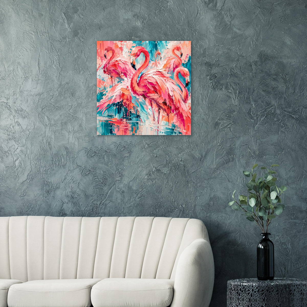 Flamingo-Kunstposter mit pinkem Flamingo und türkisfarbenem Hintergrund, abstrakte Muster