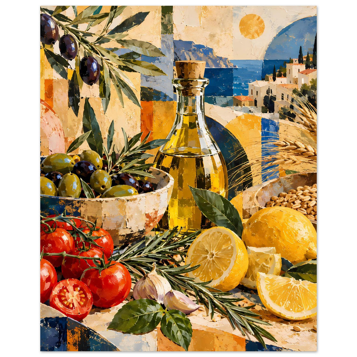 Stillleben-Poster mit Ölflasche, Schale mit Oliven, Tomaten, Zitrus und Weizenähren.