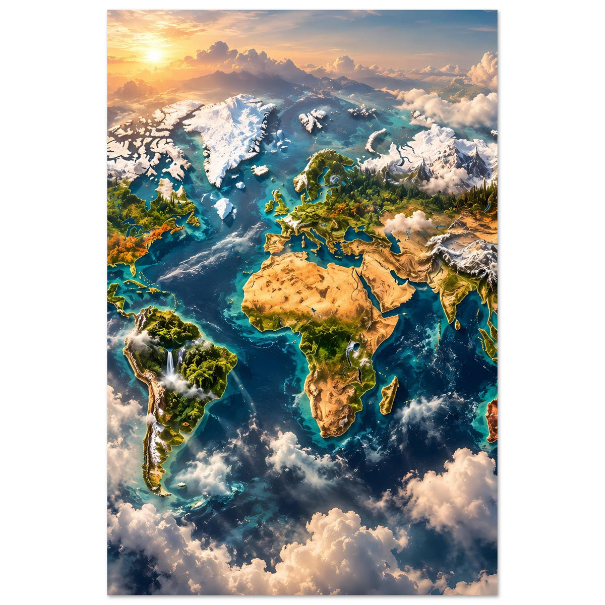Weltkarte-Poster im Hochformat mit bunten Kontinenten, Ozeanen und Wolken, mit Rahmen