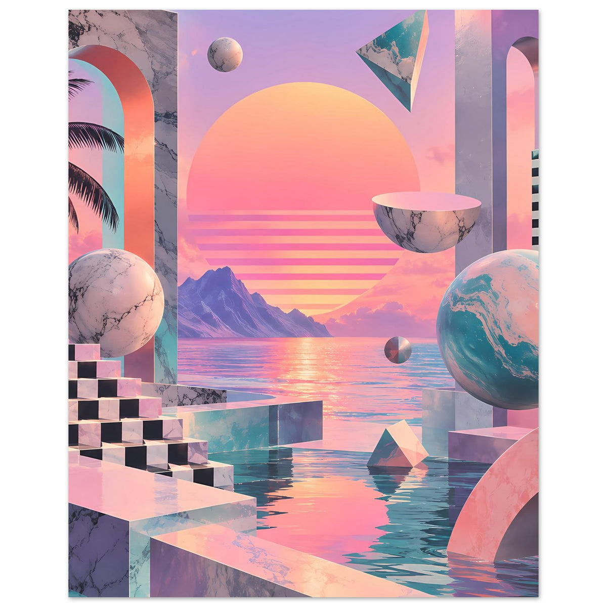 Vertikales Surreal-Sunset Poster: großer Sonnenkreis, Würfelstufen, Planet im Vordergrund