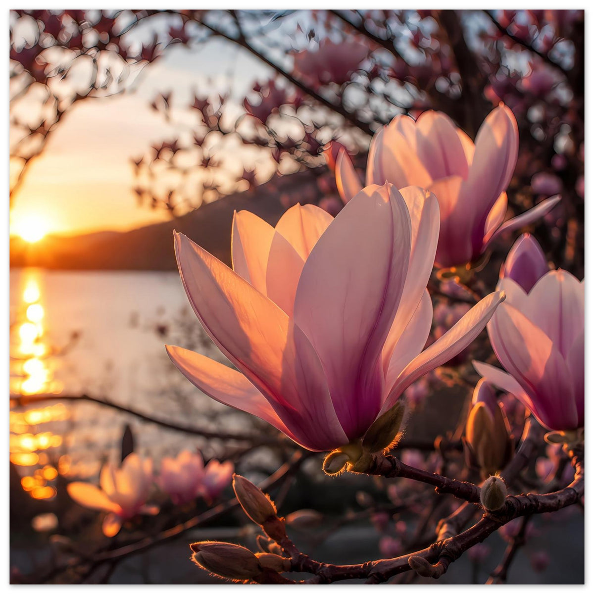 Magnolienblüten-Poster: viele Magnolienblüten in Violett, Rosa und Orange am Zweig