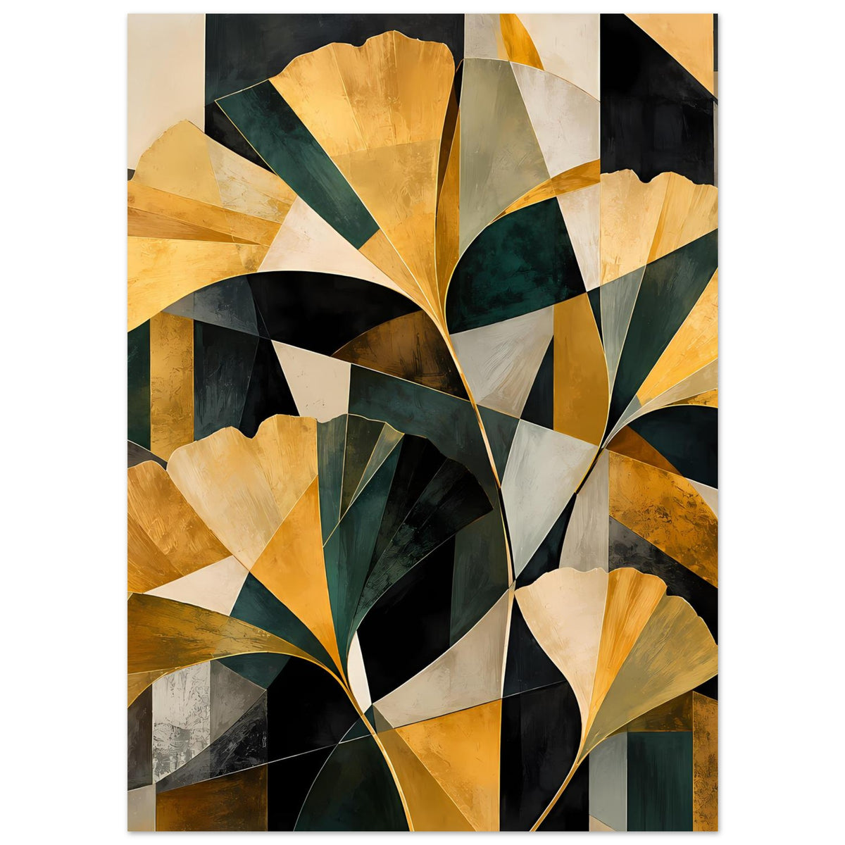Abstraktes Blumenposter, goldene und grüne Blütenformen, gerahmtes Hochformat