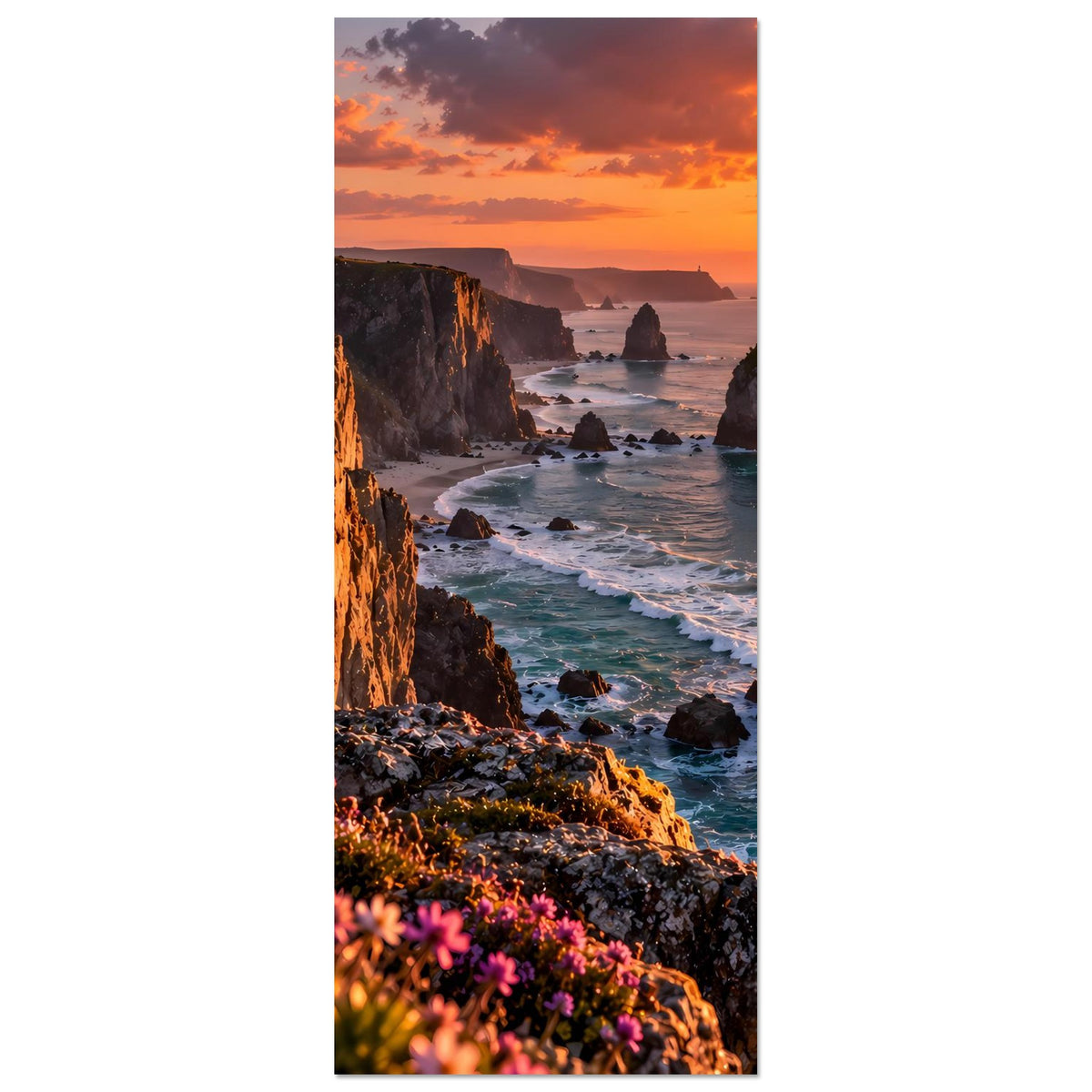 Vertikales Poster mit Klippen, Wellen und Sonnenuntergang über dem Meer, Blüten unten.