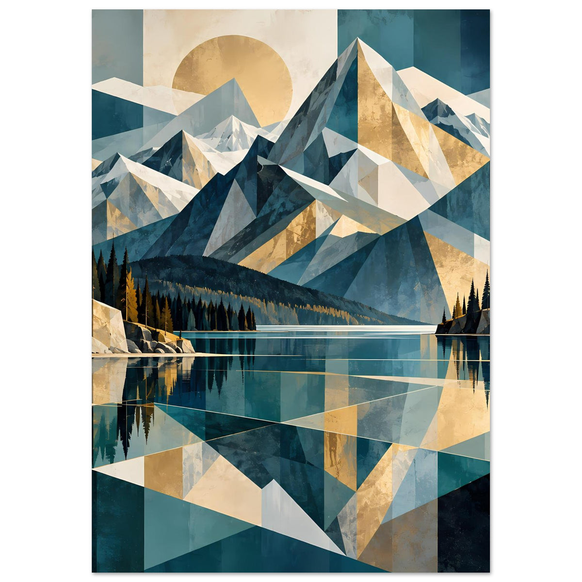 Vertikales Poster mit geometrischen Bergspitzen, goldenem Kreis im Himmel und Seespiegelung