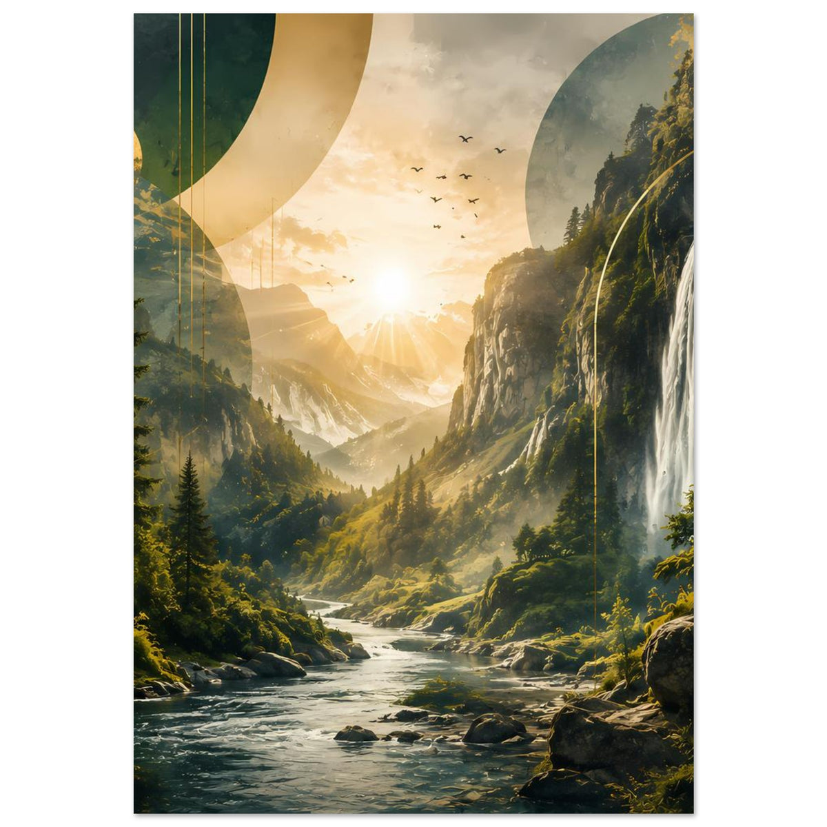 Vertikales Landschaftsposter mit Wasserfall, Fluss und goldenem Sonnenaufgang, Vögel am Himmel