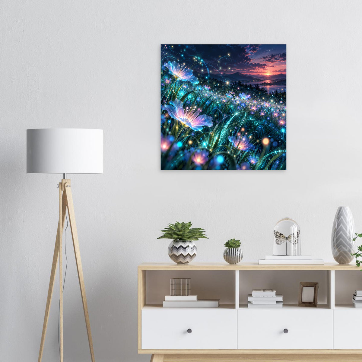 Quadratisches Blumen-Glow-Poster mit türkisblauen, bunten Lichtern und Sternen