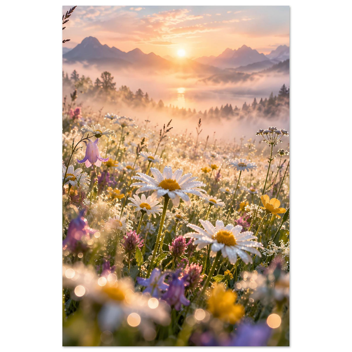 Gerahmtes Poster (hochkant) mit Wildblumenmeer, Sonne am Horizont und Nebel über Tälern