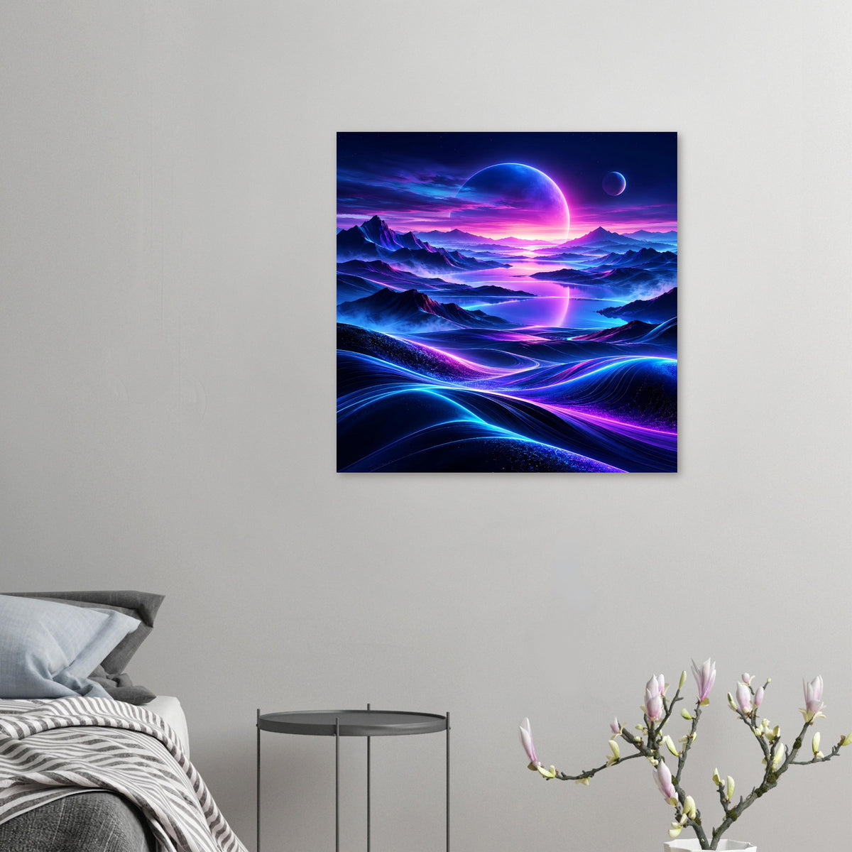 Kleines Neon-Weltraum-Poster mit leuchtendem Planeten, kleinen Kugeln und bunten Lichtbahnen