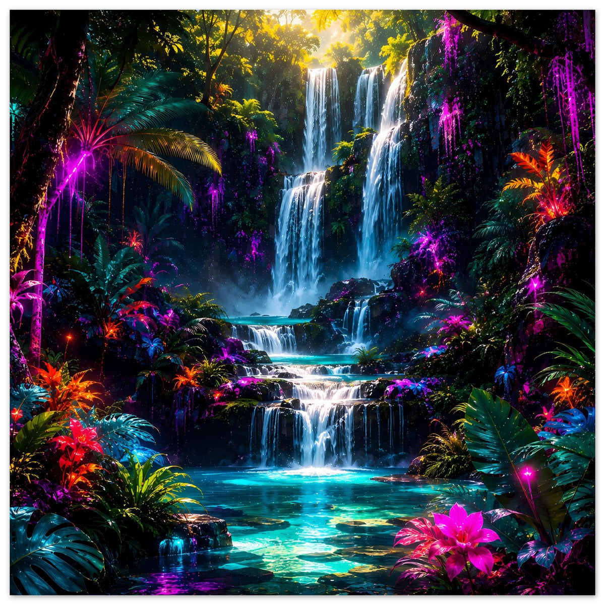Poster-Print mit Wasserfall im Dschungel, leuchtende violette und pinke Lichteffekte