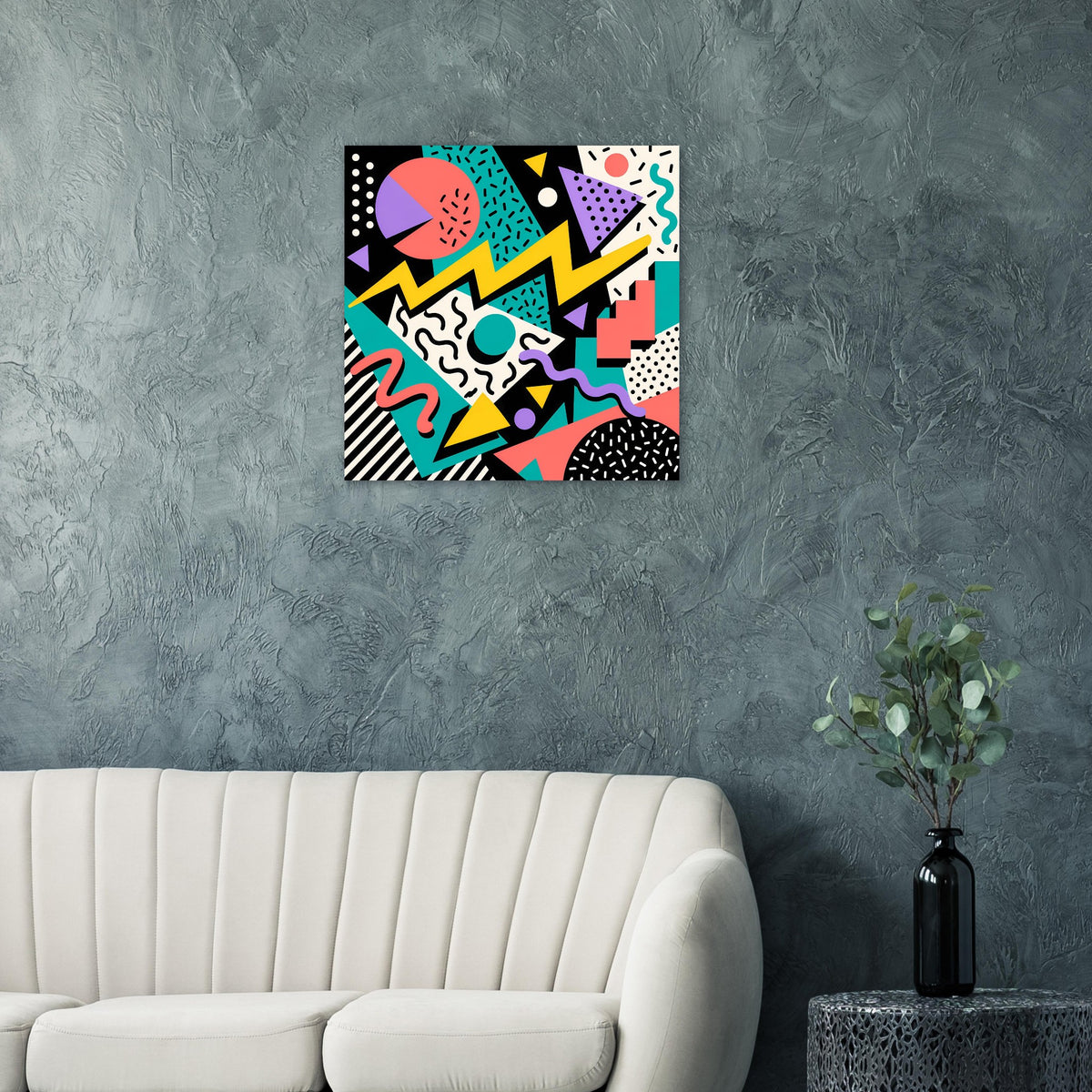 Quadratisches Poster mit abstraktem Geometrie-Mix aus Schwarz, Türkis, Pink und Gelb