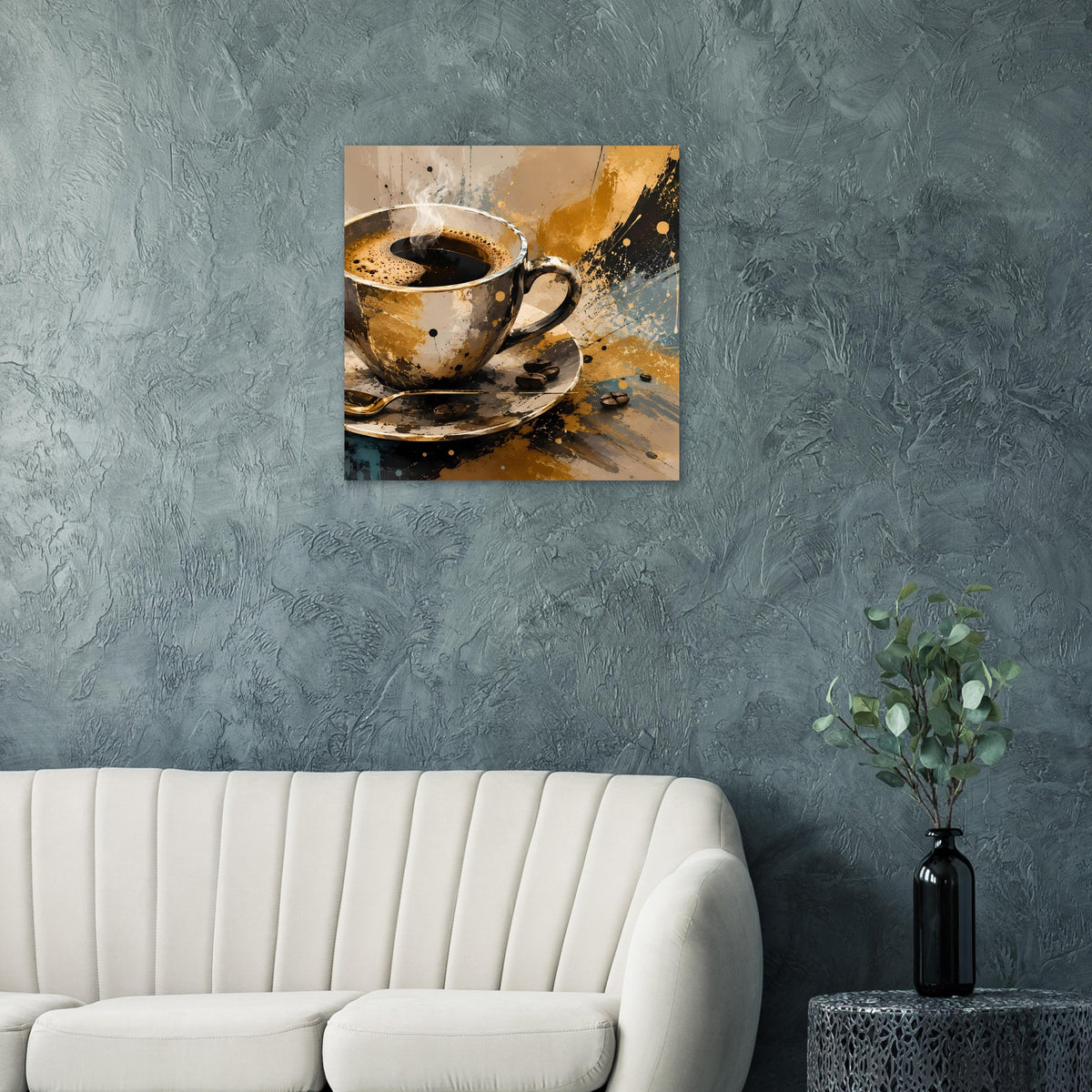 Kunstposter mit Kaffeetasse und Untertasse, goldene Farbtöne, blau-graue Sprenkel