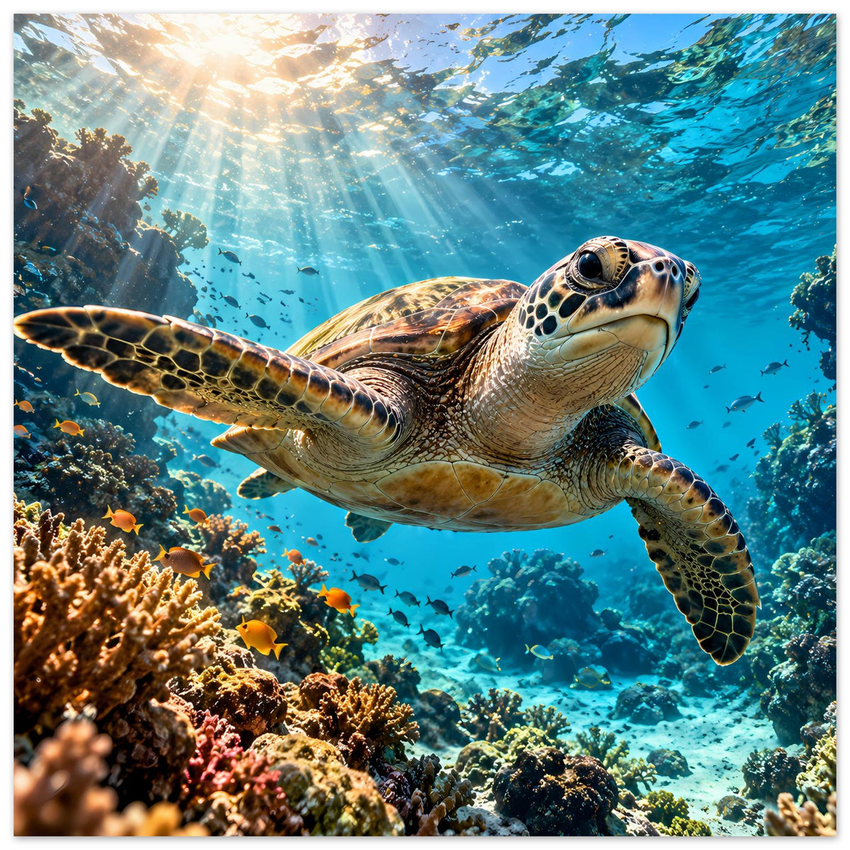 Unterwasser-Schildkrötenposter mit naher Meeresschildkröte über Korallenriff im Blaulicht