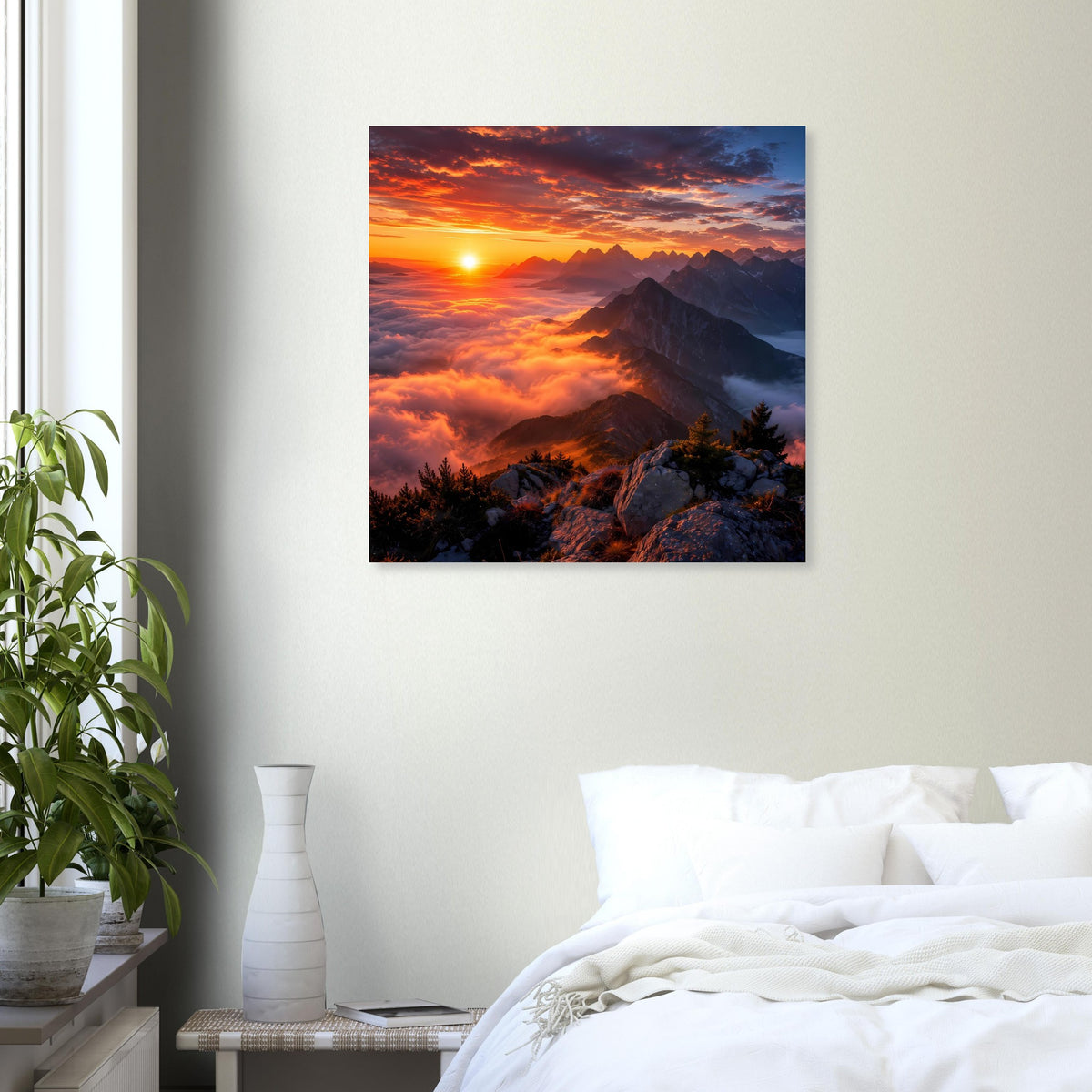 Wandposter mit Sonnenuntergang über Bergen und Wolken, quadratisch