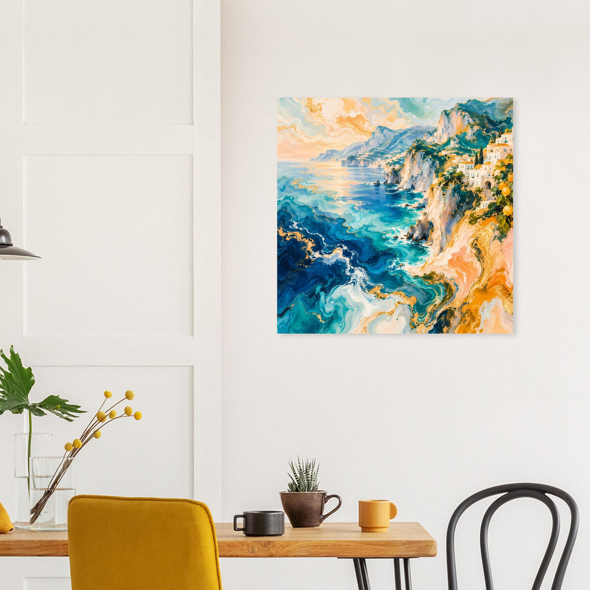 Quadratisches Seeposter mit wilden Wellen, Küstenfelsen und orangefarbenem Himmel