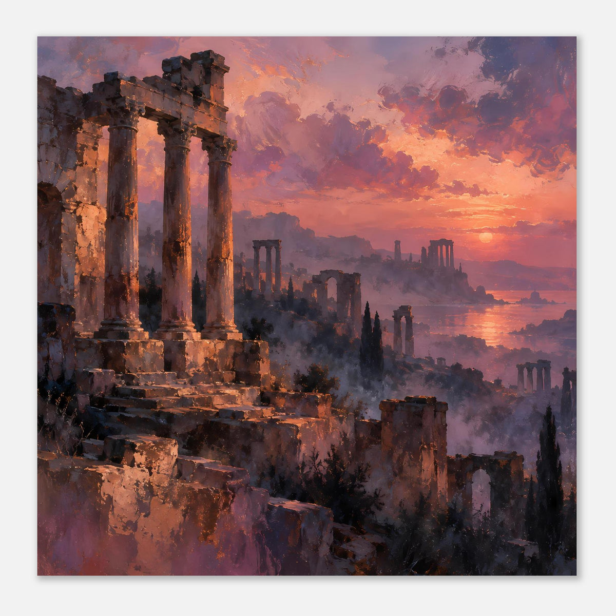 Poster mit Ruinen und Sonnenuntergang, orange-violett, Horizontansicht