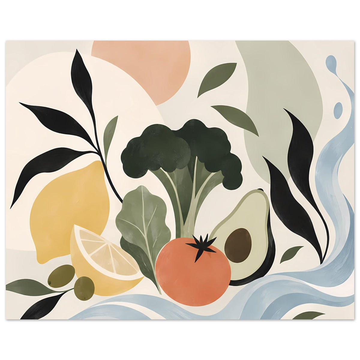 Querformat-Poster abstrakte Pflanzenkunst mit grünen Blättern, orange Frucht und blauen Akzenten