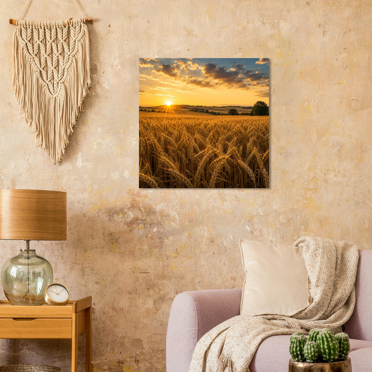 Quadratisches Poster mit Blick auf Weizenfeld und untergehende Sonne im Sonnenaufgang