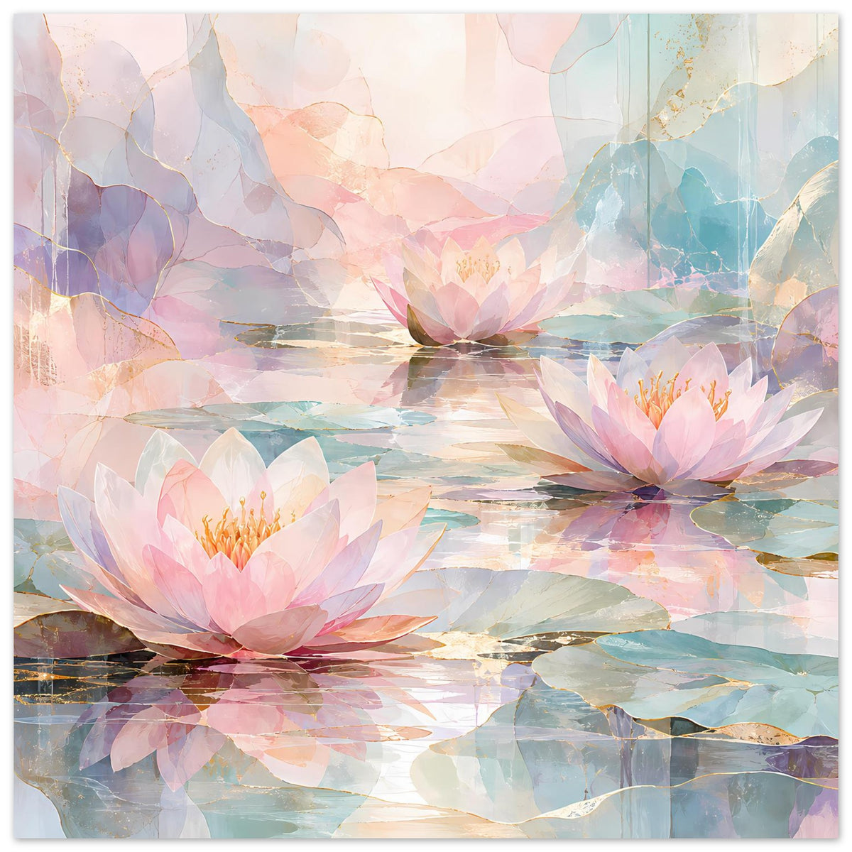 Florales Poster mit Seerosenblüten und Wasserreflexionen, Pastellpalette mit Textur