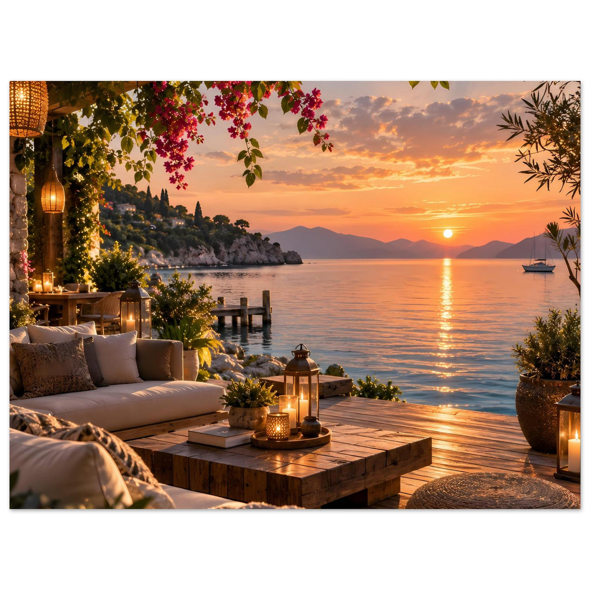 Poster mit Blick auf Meer und Küste am Sonnenuntergang, Terrasse mit Laternen und Kissen