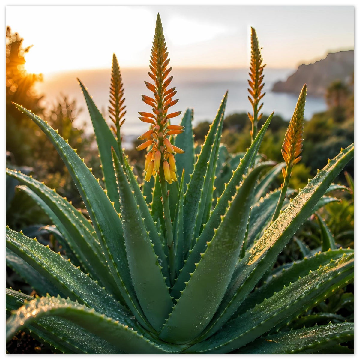 Poster mit Aloe-Pflanze und orangefarbenen Blütentrieben, volle Pflanze im Quadrat