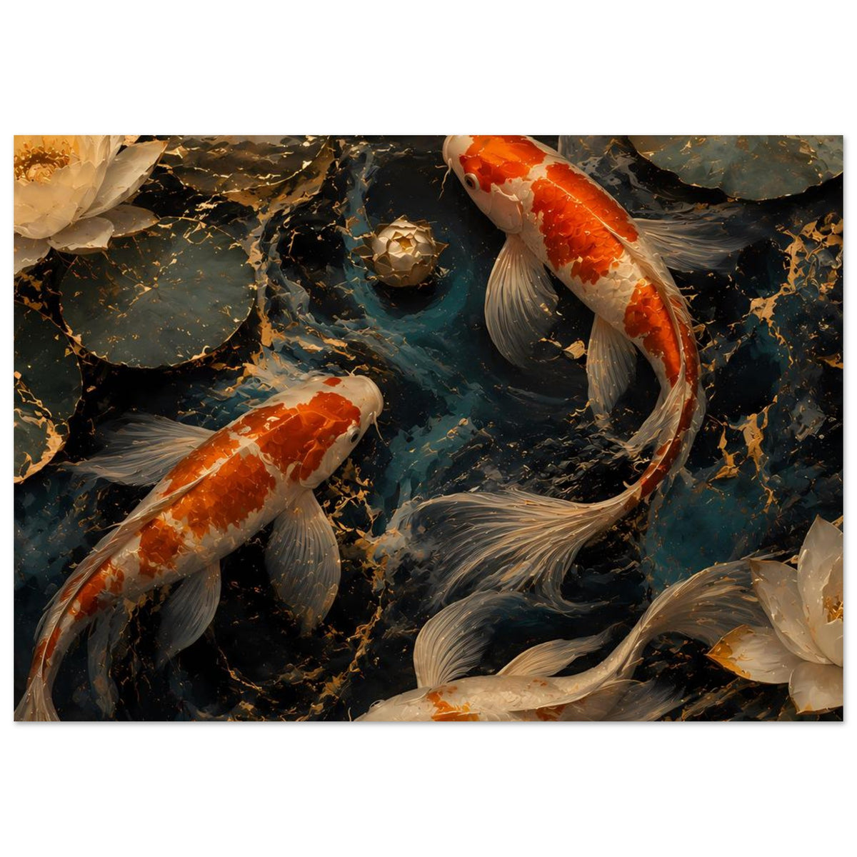 Breitformat-Kunstposter mit Koi-Fischen im Teich, mehrere Karpfen und goldene Akzente