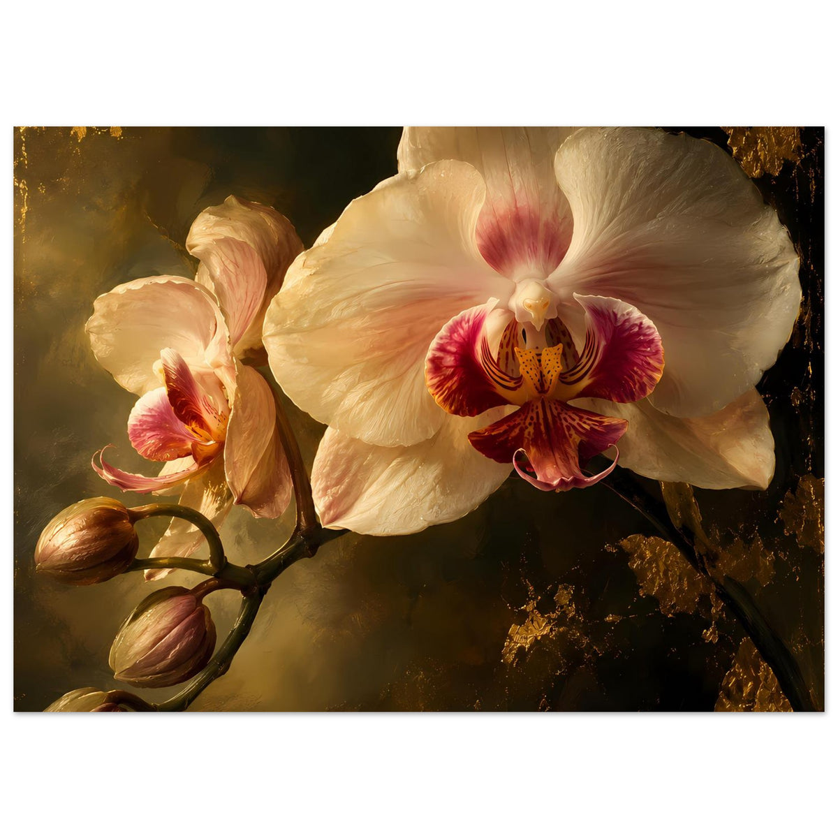 Orchideenposter mit cremeweißer Orchideenblüte, rosa Zentrum und mehreren Knospen am linken Stiel