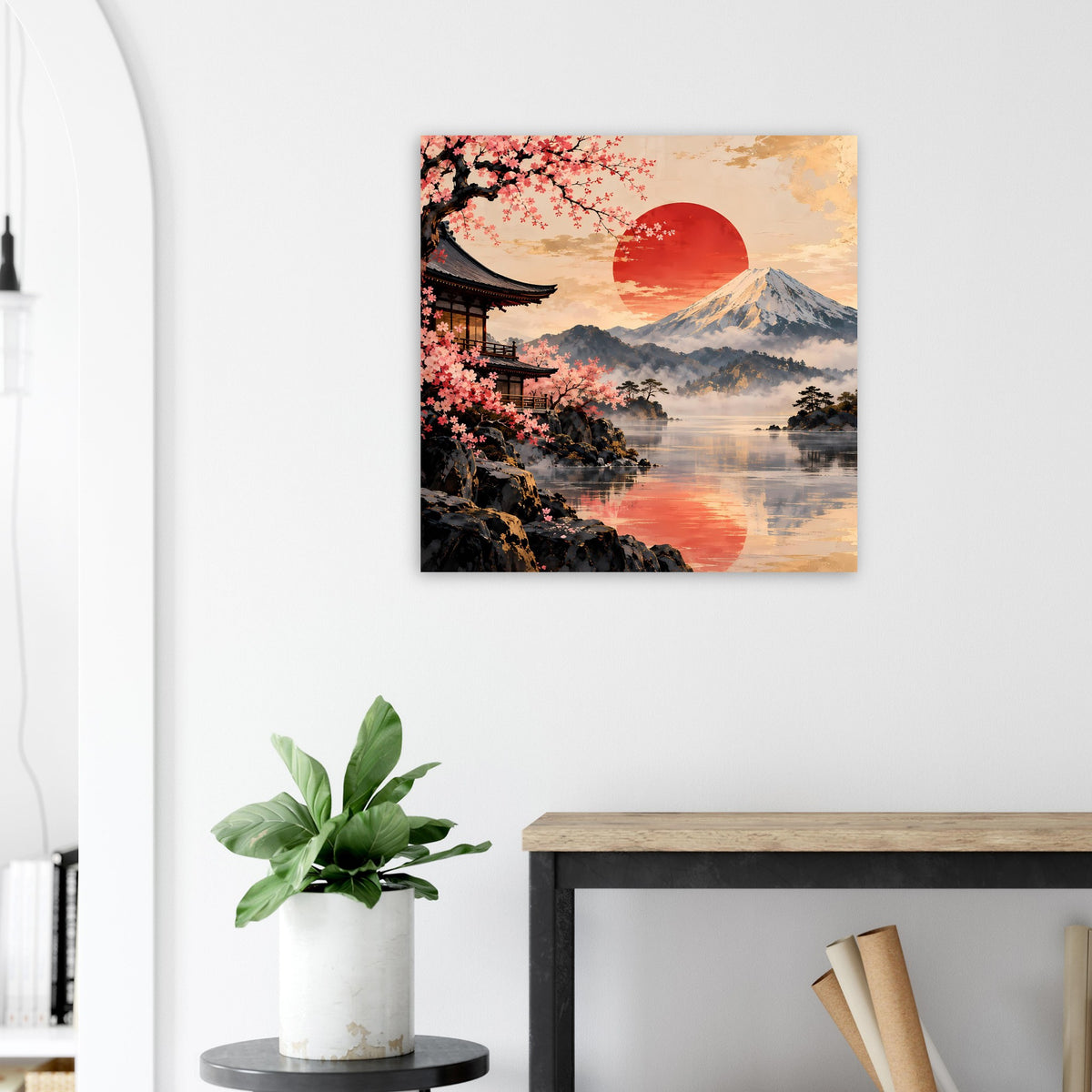 Posterdruck mit Kirschblütenallee, rotem Mond, Berglandschaft und See im Abendlicht