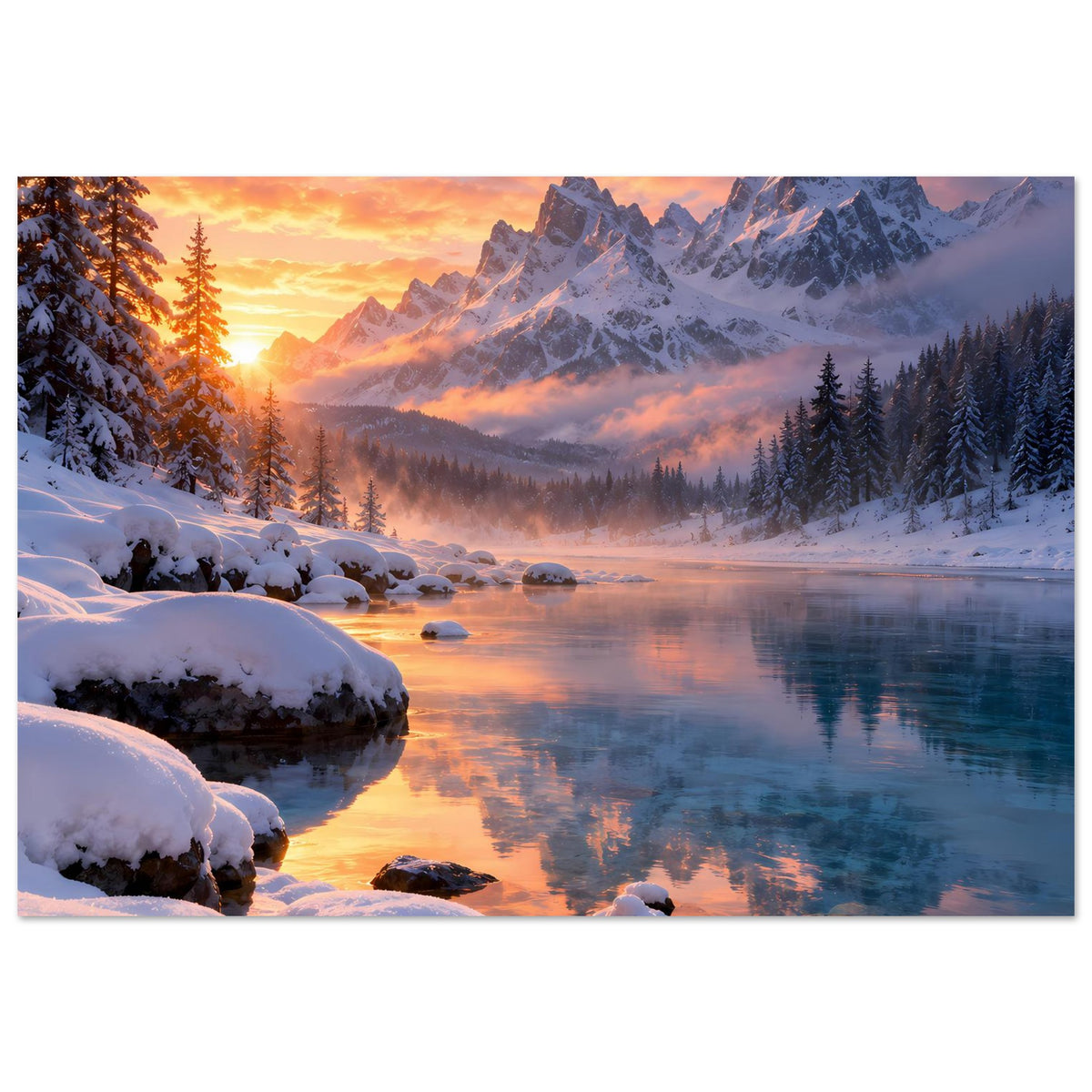 Winterlandschaft-Wandposter: verschneite Steine am linken Rand, Berge mit Schnee, goldener Himmel über Wasser