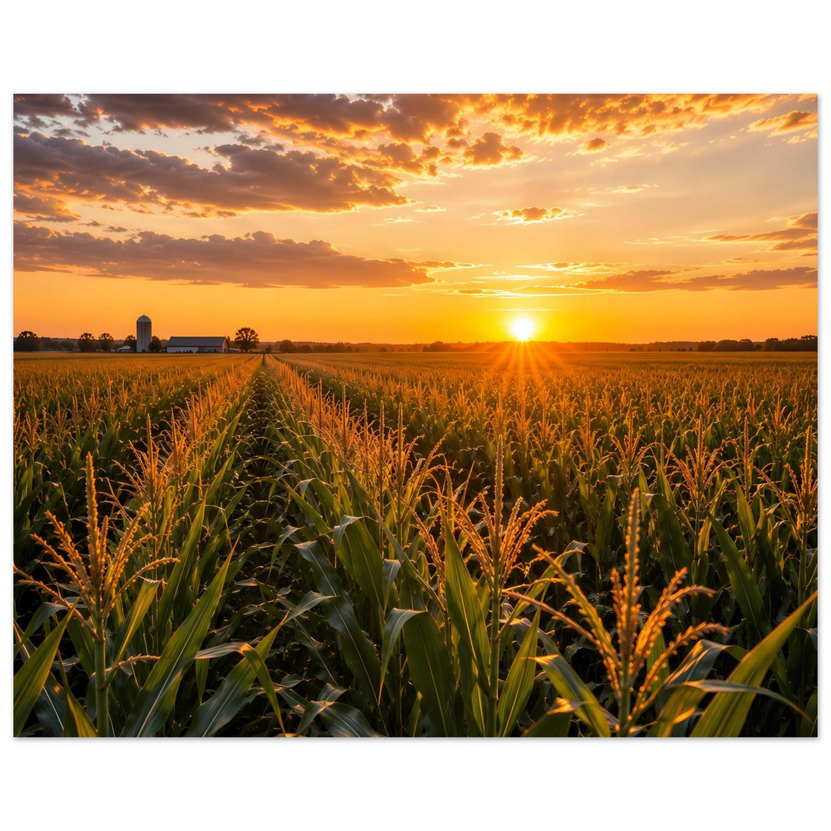 Querformat-Poster: Sonnenuntergang über Maisfeld, goldene Farben und Wolken