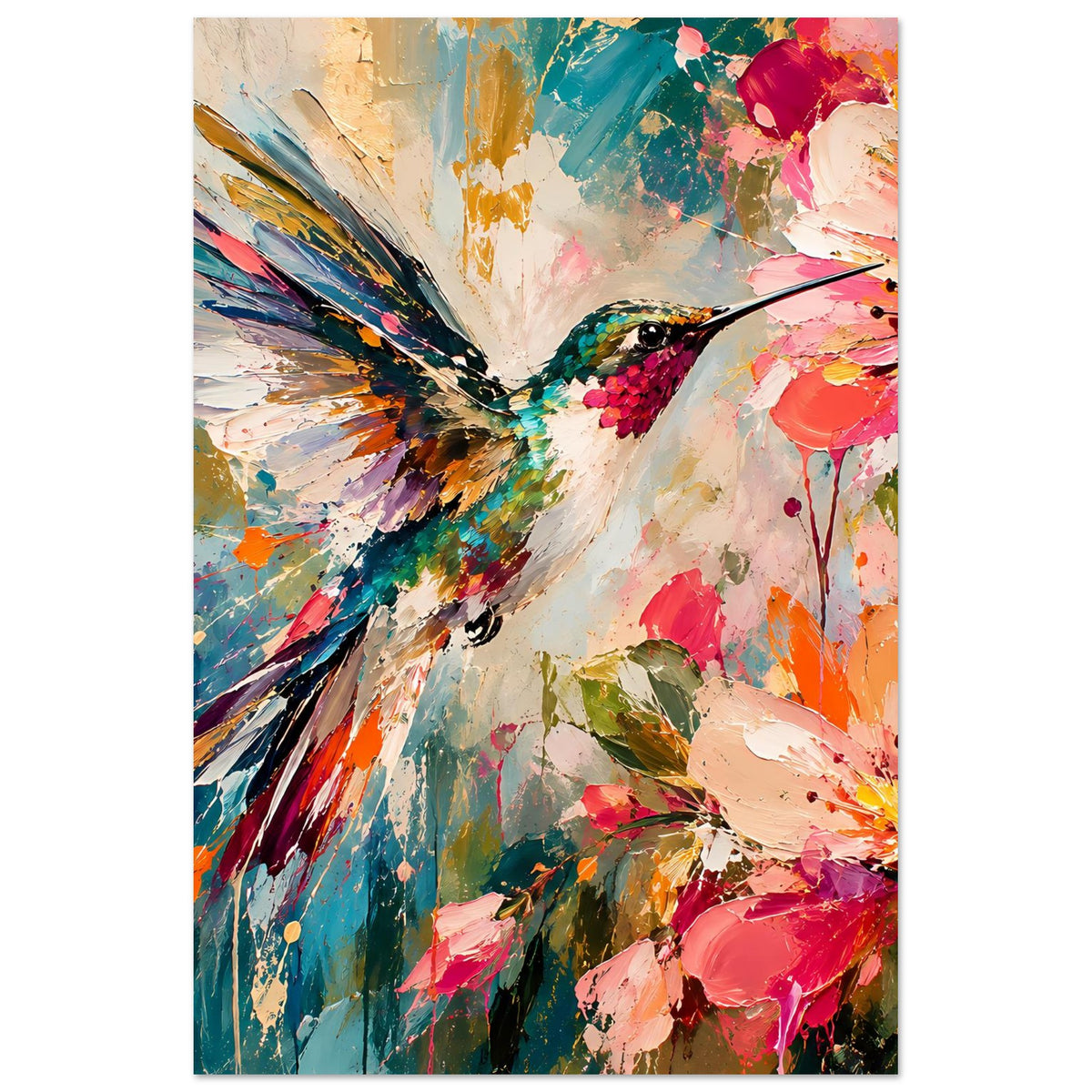 Kolibri-und-Blumen-Kunstdruck im Hochformat, abstraktes buntes Spritzfarbenmotiv, rechteckig