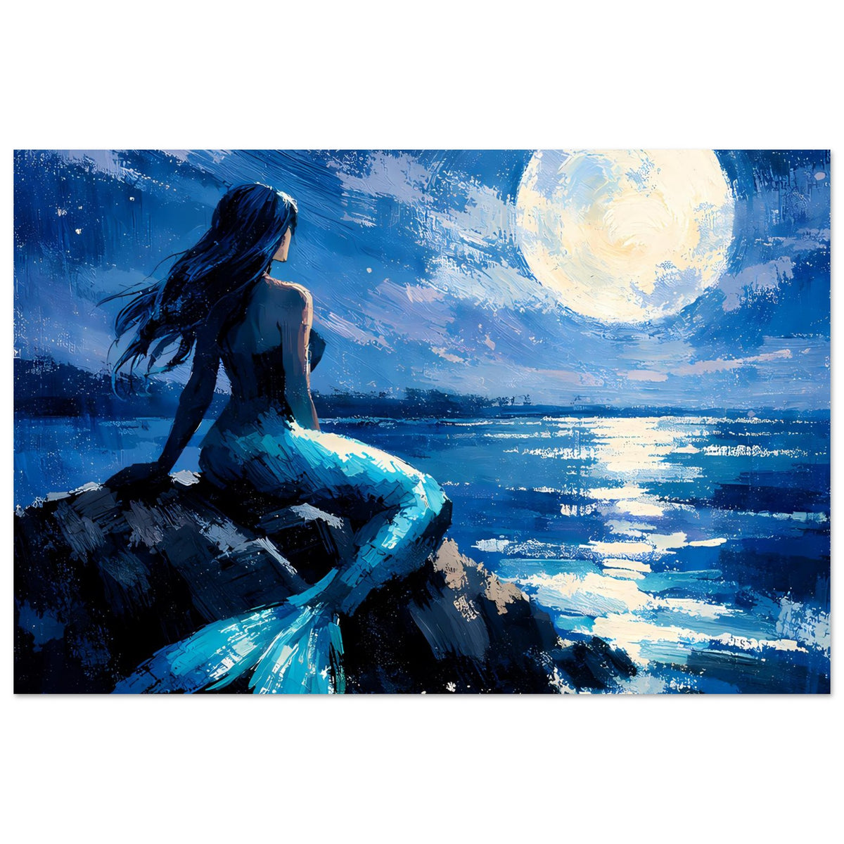 Premium-Matte Poster zeigt eine Meerjungfrau mit dunklem Haar und blauem Flossenkleid