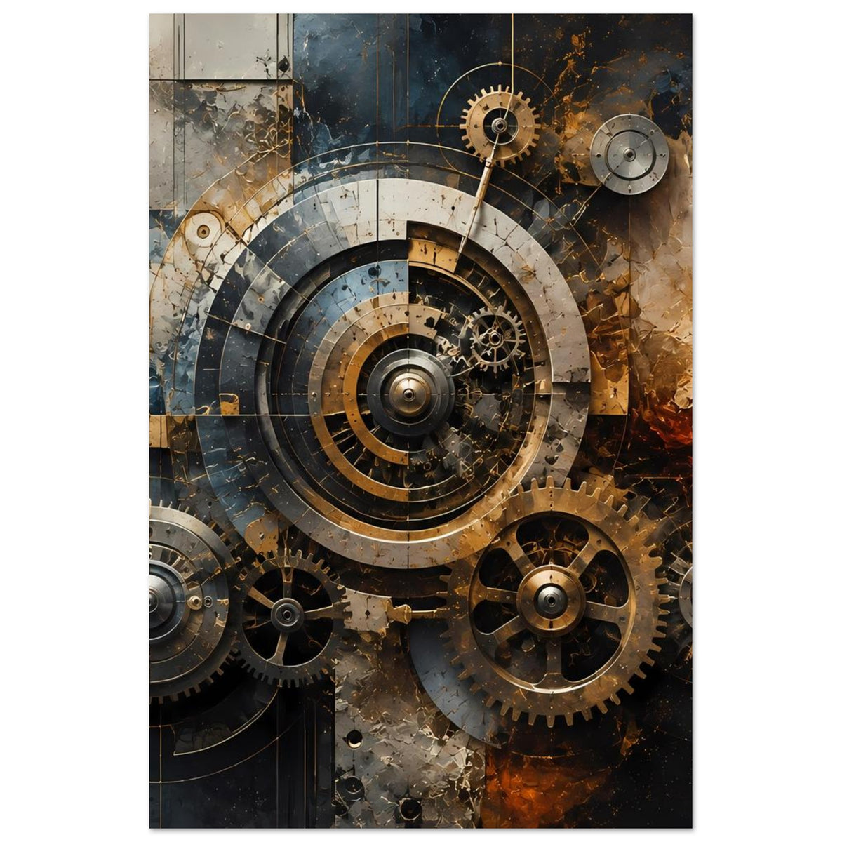 Steampunk-Zahnrad-Poster im Hochformat mit Mittelrad und seitlichen Getriebescheiben