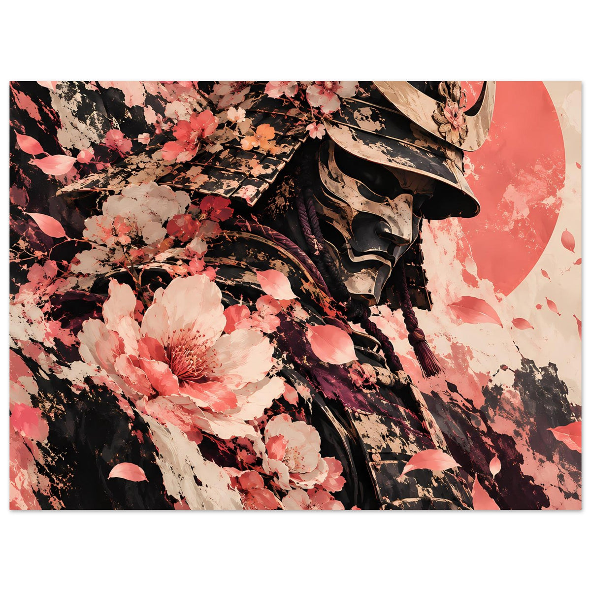 Poster-Close-up: Samurai mit Halbmaske und Kirschblüten, roter Halbmond