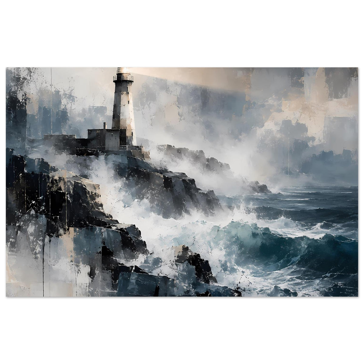Maritimes Poster mit Leuchtturm an der Küste, stürmische Wellen in Blau-Grau