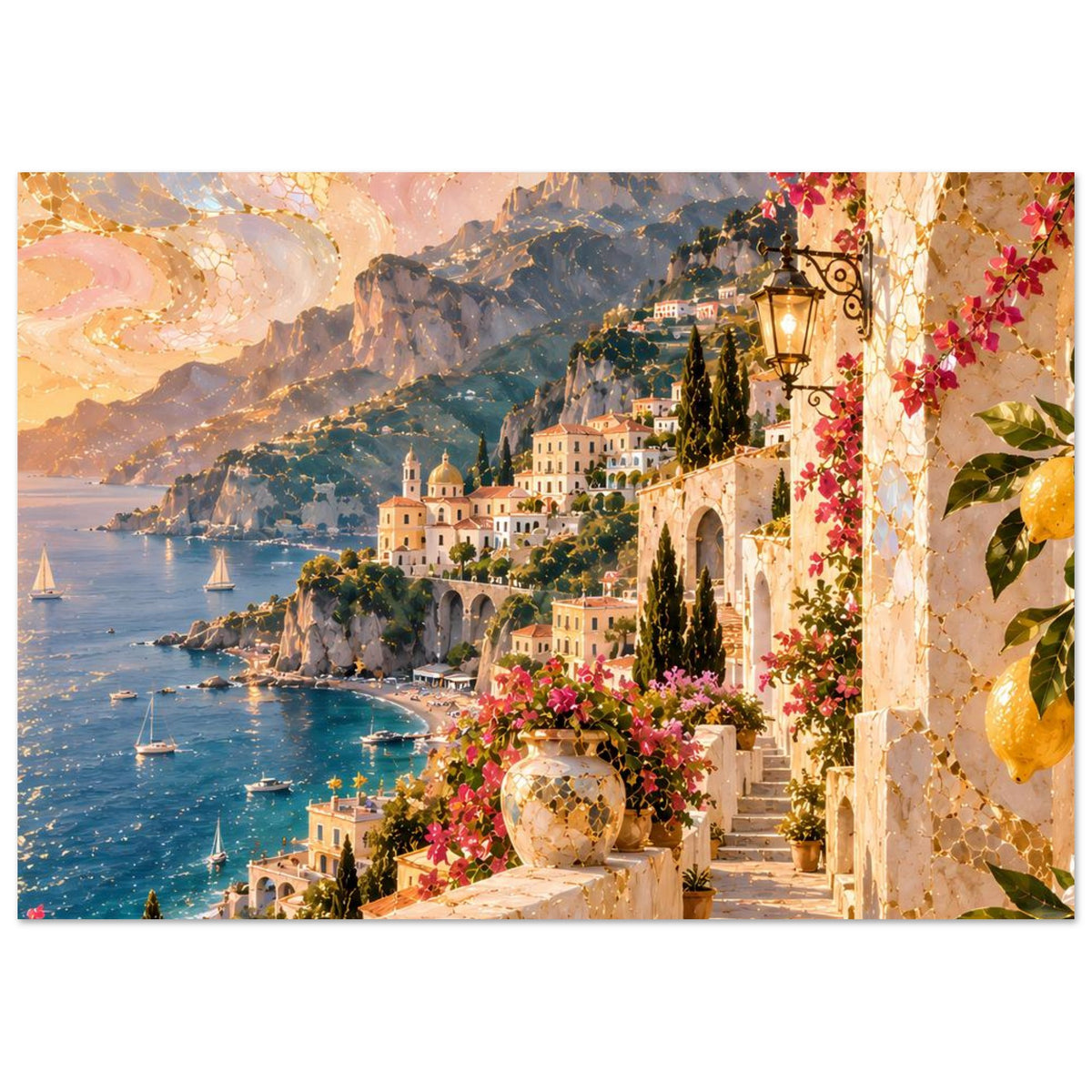 Landschafts-Küstenposter mit See, Bergen und einer Steinwand mit Blumen und Laterne rechts