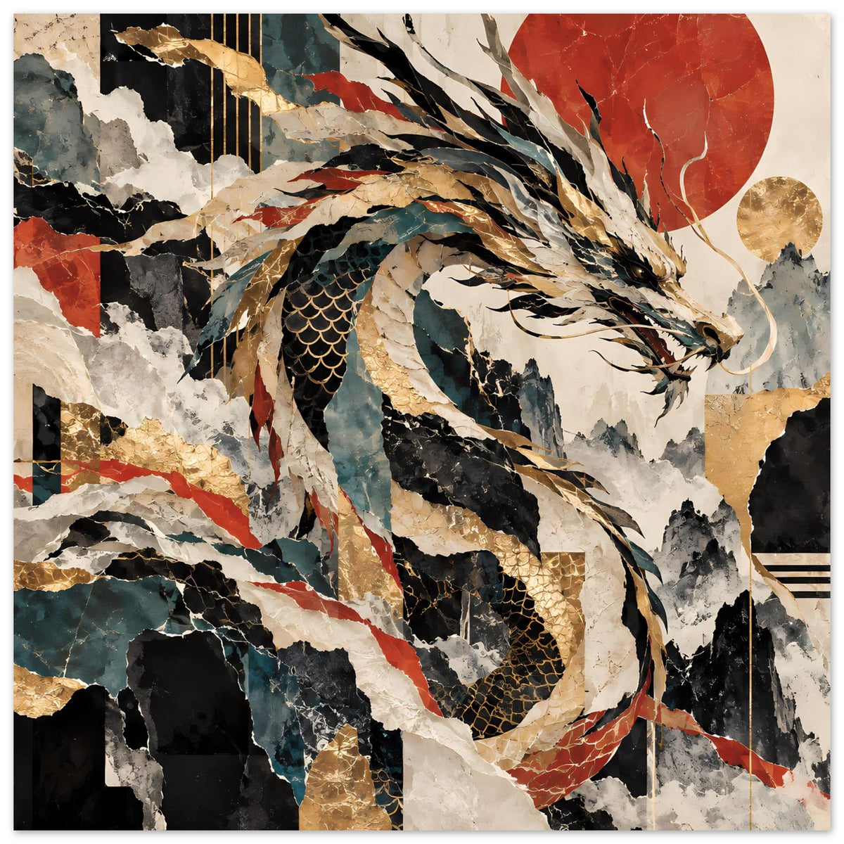 Poster mit abstraktem Drachenmotiv, goldene Highlights, rote Akzente und dunkle Strukturformen